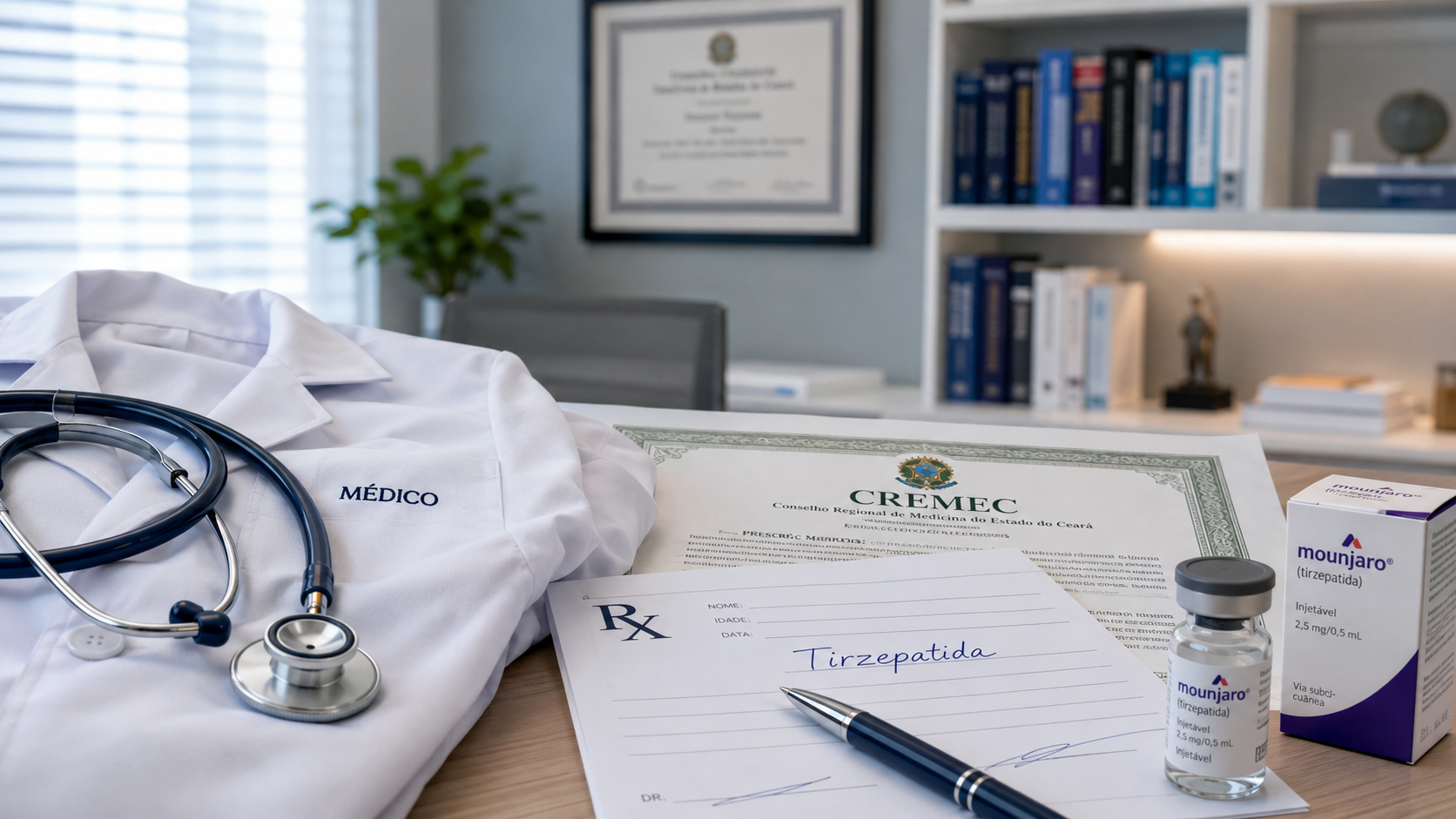 médico prescrevendo tirzepatida com receituário em duas vias conforme parecer CREMEC 2026