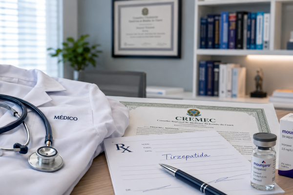 médico prescrevendo tirzepatida com receituário em duas vias conforme parecer CREMEC 2026